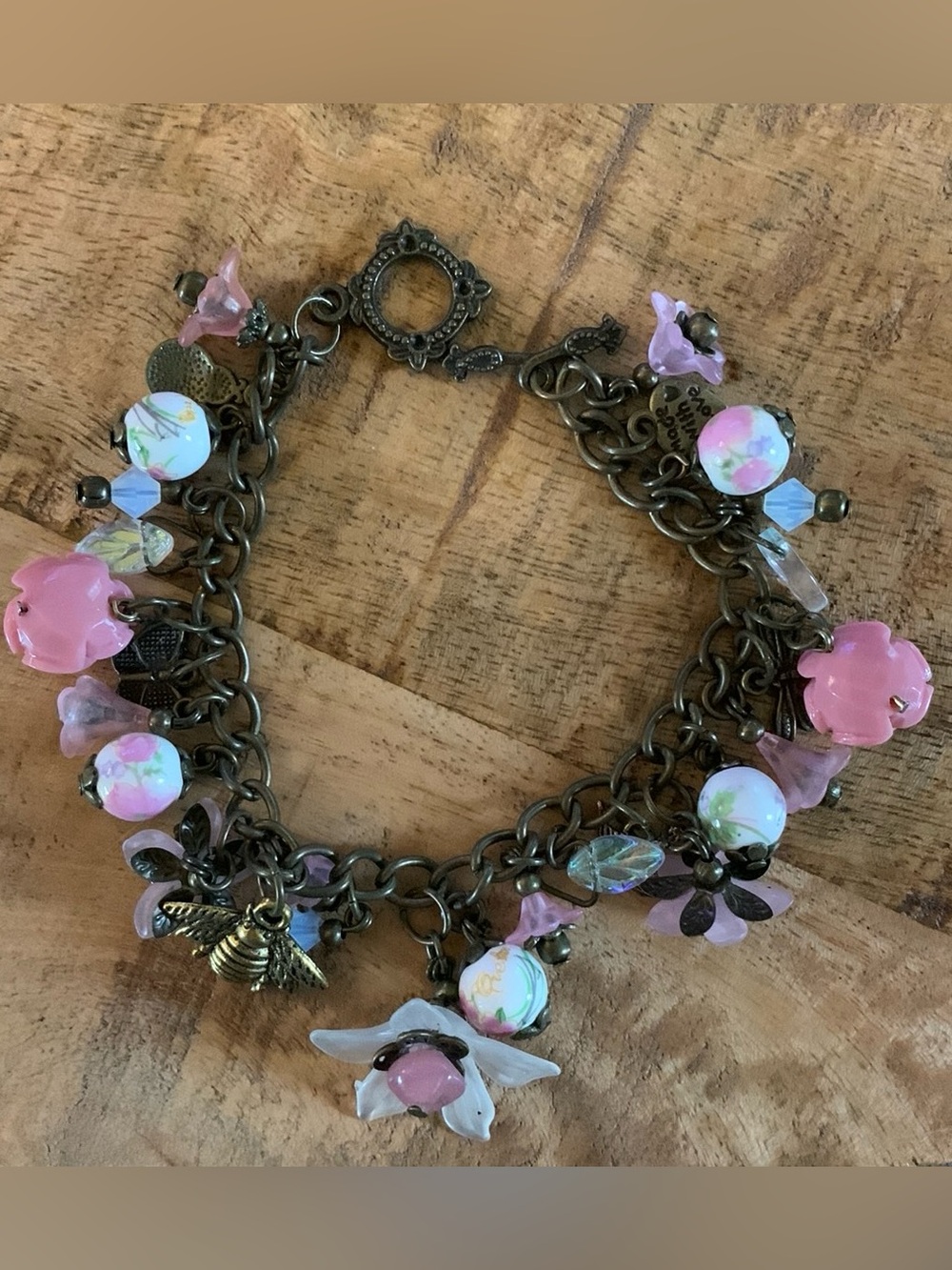 Garden Themed Bronze-Tone Floral and Bee Charm Bracelet